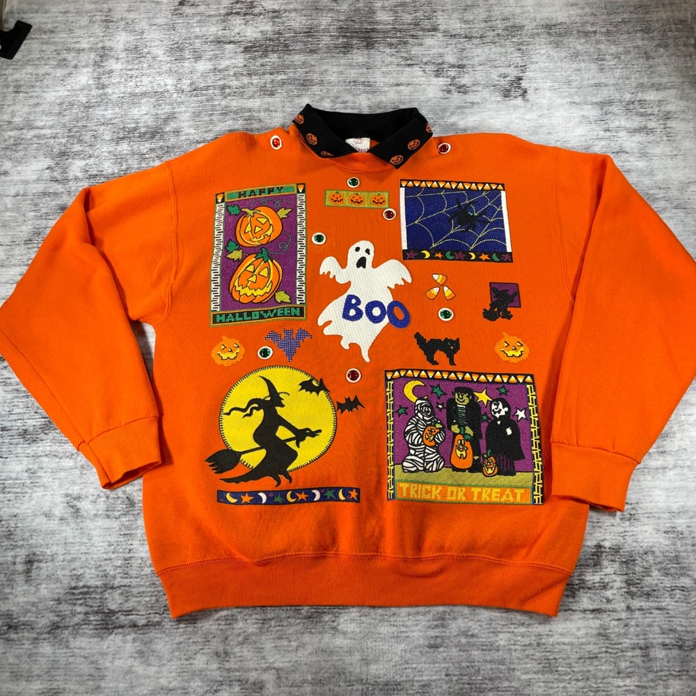 Vintage Fresh Paint Halloween Sweatshirt XL Orange Hand Painted Boo Witch USA